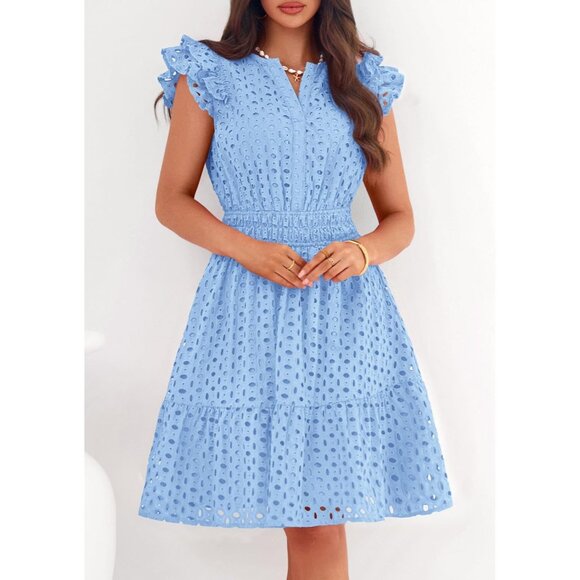 Women's Light Blue V Neck Eyelet Cap Sleeve Summer Beach Vacation Sundresseses - Picture 2 of 8